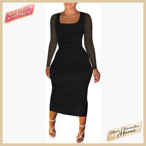 Bodycon Maxi Dress Elegant Square Neck Ruched Mesh Party Club Wear